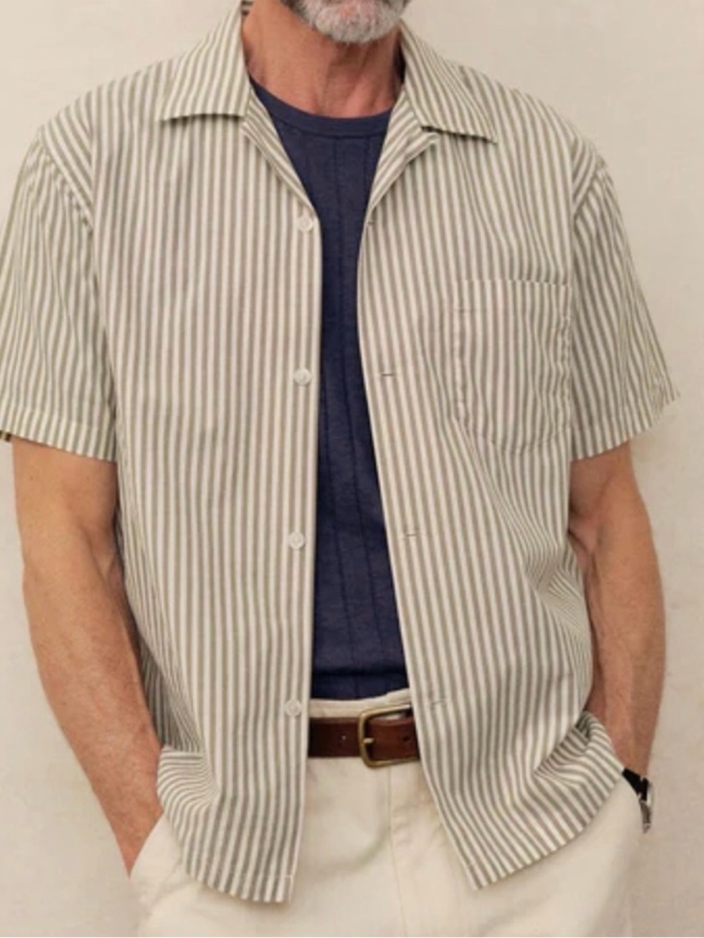 Buck Mason Wornwell short sleeve Camp Shirt in khaki stripe NWT